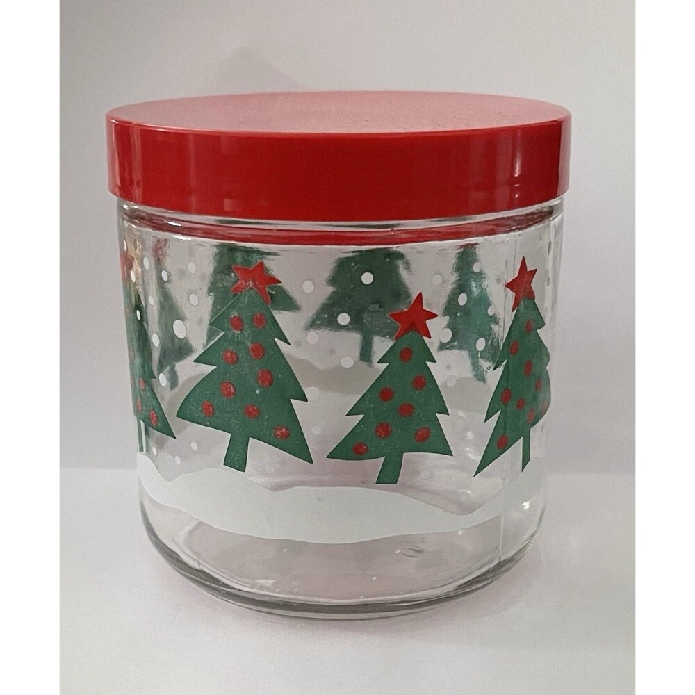Vintage K Mart Christmas Glass Jar with Lid Clear Jar W/Christmas Trees